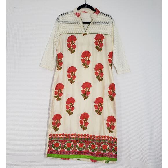 American Vintage Other - Womens Cream Kurta Top Large Lace Floral Embroidered Bohemian Straight Tunic